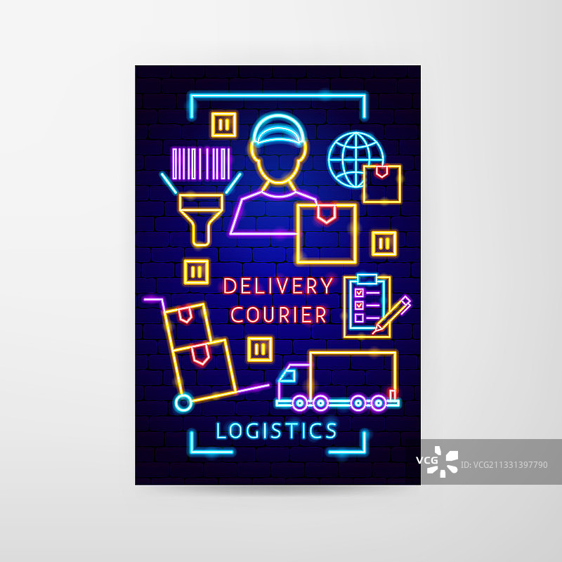 配送快递员霓虹灯宣传单图片素材