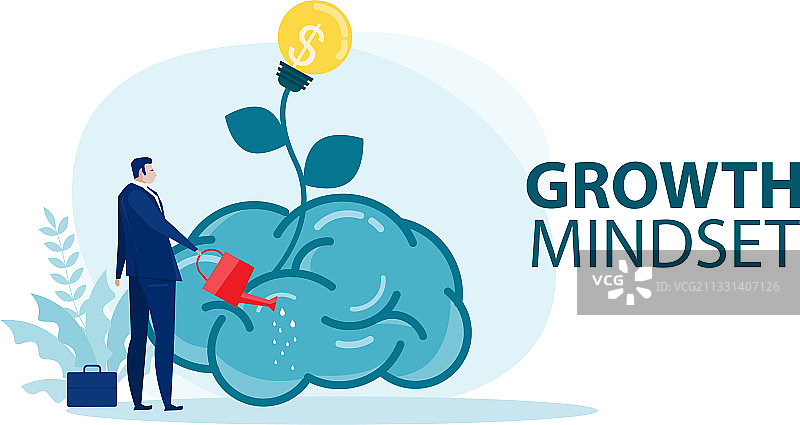 商人浇灌大脑袋植物以求增长图片素材