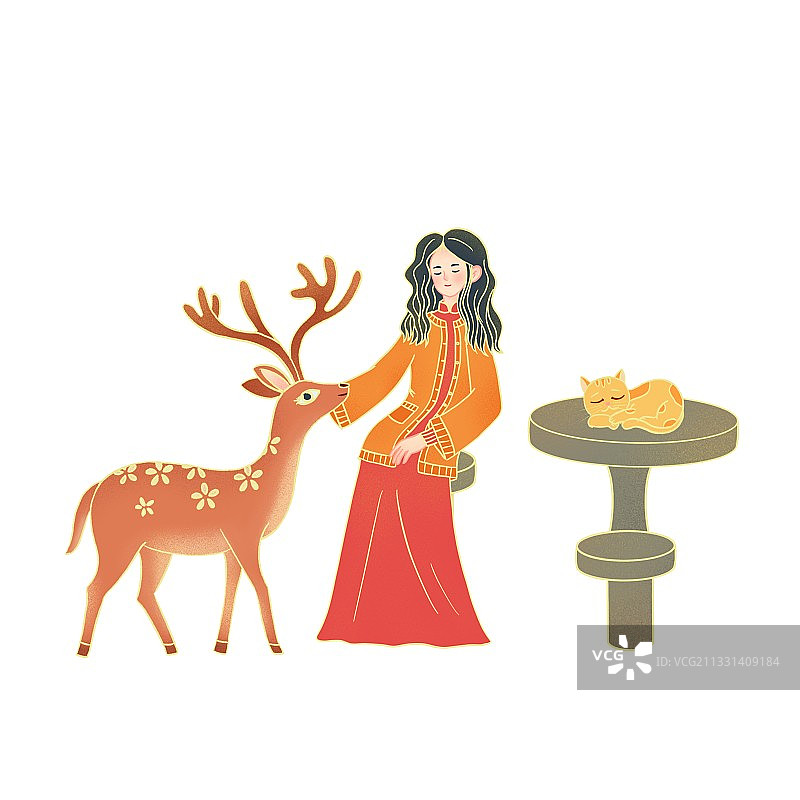 插画,女人,外套,梅花鹿,猫,悠闲,褐色,野生动物,白色,鹿图片素材