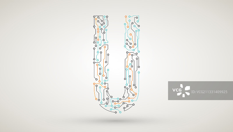 芯片电路板电子元件英文大写字母U，抽象矢量技术图标素材图片素材