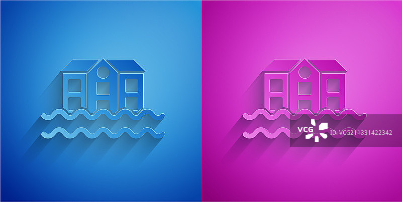 蓝色背景上的剪纸房屋洪水图标图片素材