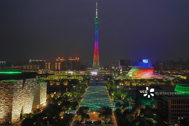 广东省广州市地标广州塔海心沙珠江新城CBD夜景航拍图片素材