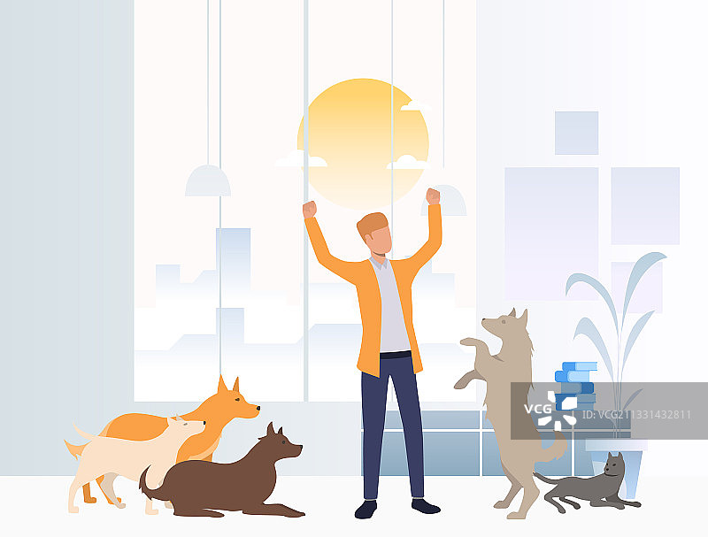 在动物收容所里照顾狗的快乐志愿者图片素材