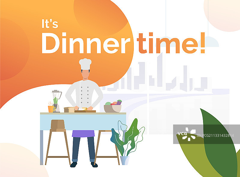 厨师在厨房做晚餐并切面包图片素材