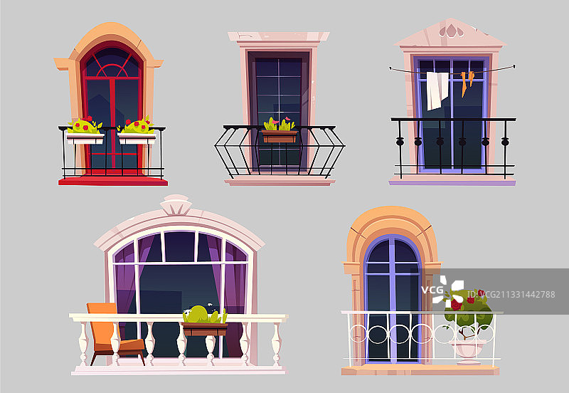 带有玻璃窗、围栏和鲜花的阳台图片素材