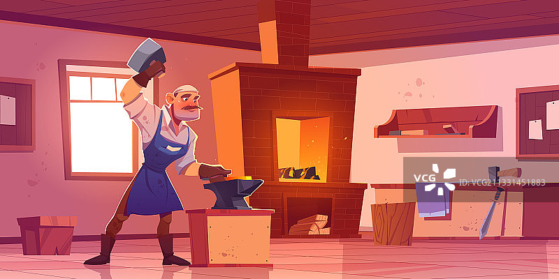 在锻造车间用锤子和铁砧工作的铁匠图片素材