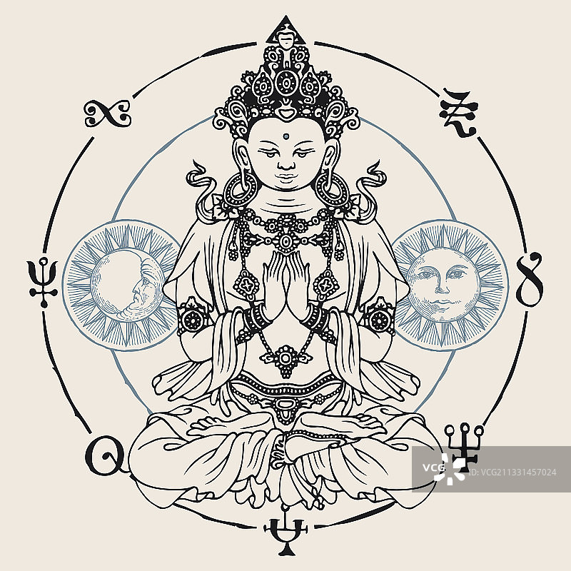 手绘莲花坐姿冥想佛图片素材