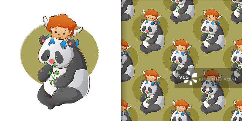小丘比特在熊猫的头上玩耍图片素材