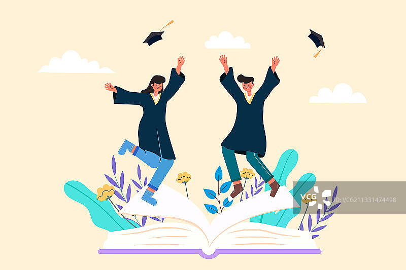 在图书上跳跃的毕业生矢量插画图片素材