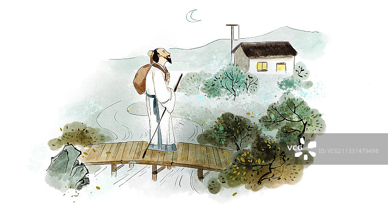 古诗词水墨插画-商山早行图片素材