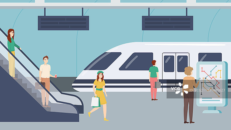 卡通彩色人物和地铁列车图片素材