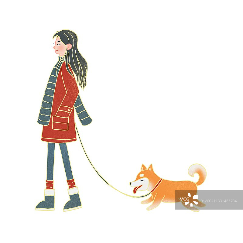 插画,遛狗,牵狗,女孩,外套,围巾,冬天,立冬,冬至,可爱的图片素材