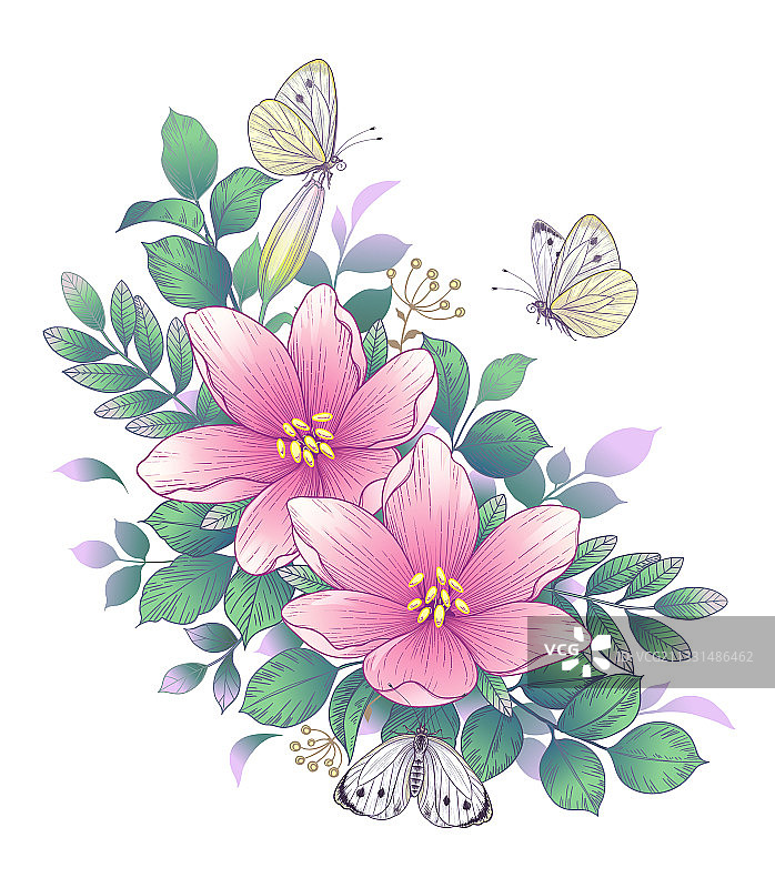 手绘粉色花朵和蝴蝶图片素材