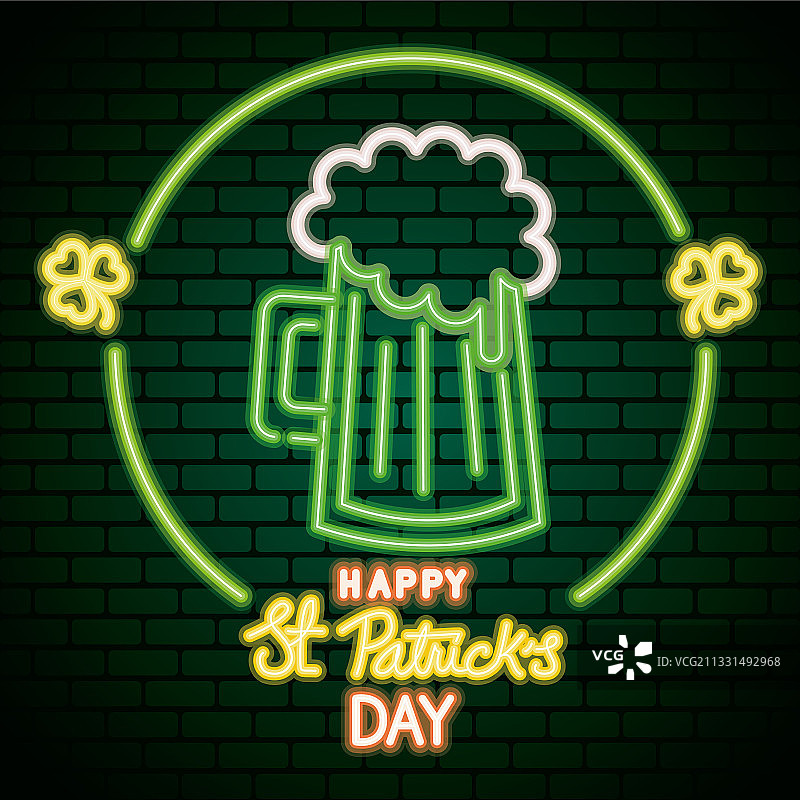 带有啤酒饮品的圣帕特里克节霓虹灯图片素材