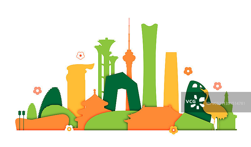 剪纸风北京地标建筑矢量插画图片素材
