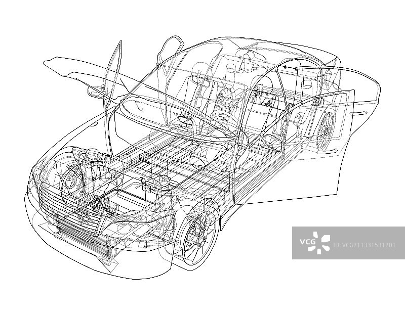 带有底盘的电动汽车3D渲染图片素材
