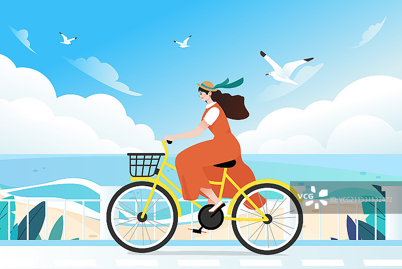 夏日女孩骑车插画图片素材
