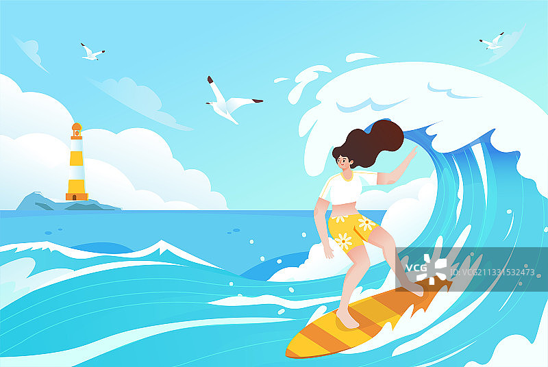女孩夏天海边冲浪插画图片素材