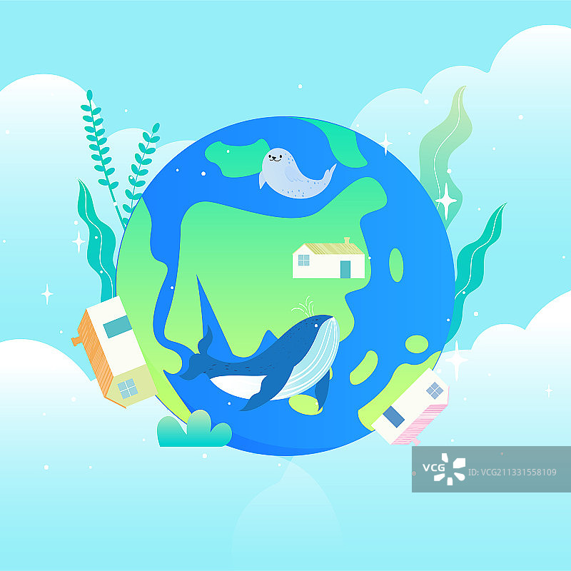 国潮风世界环境保护日地球房子植物动物矢量插画海报横图图片素材