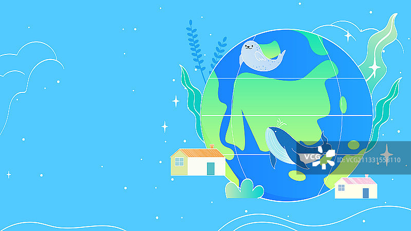 国潮风世界环境保护日地球房子植物动物矢量插画海报横图图片素材