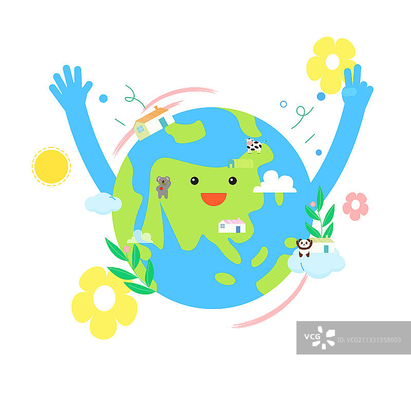 可爱卡通地球房子动物矢量插画元素图片素材