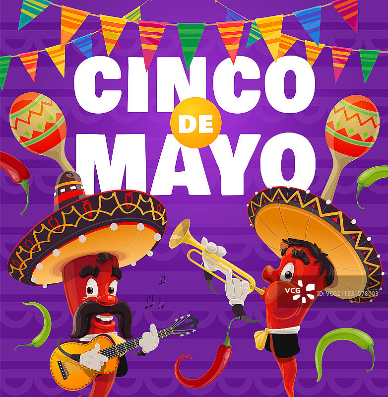 五月五日节海报：墨西哥流浪乐队和墨西哥辣椒图片素材
