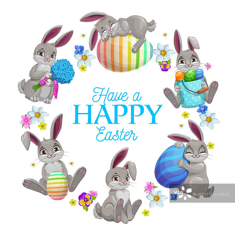 复活节彩蛋、兔子和鲜花边框图片素材