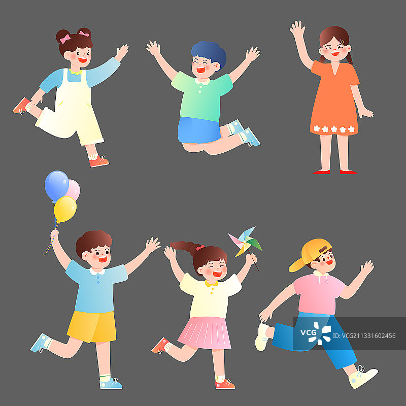 6个不同姿态奔跑跳跃的可爱儿童矢量插画人物元素图片素材