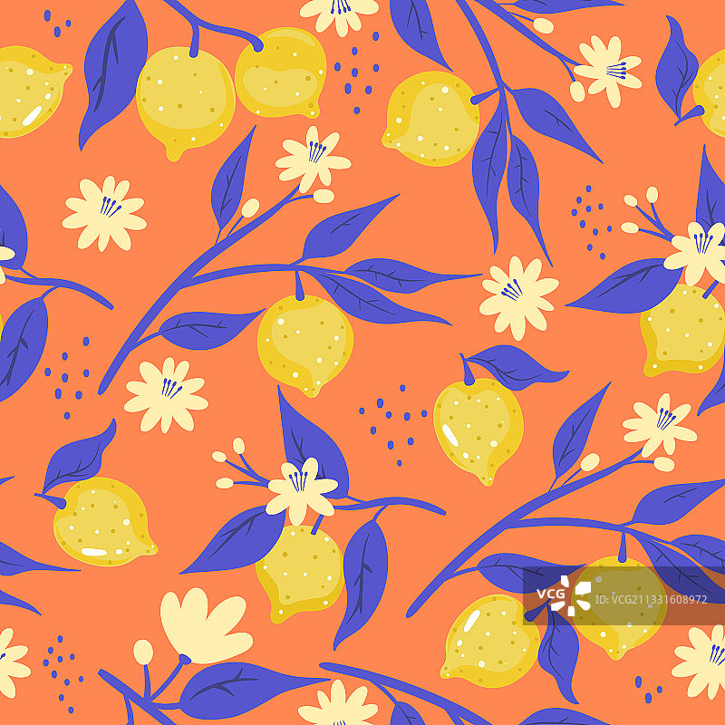 橙色底柠檬图案的无缝背景图片素材