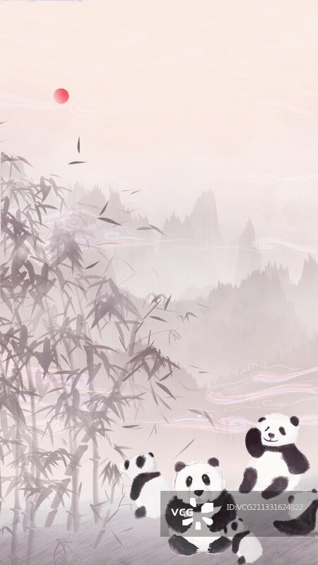 熊猫在竹林里嬉戏玩耍插画背景图片素材