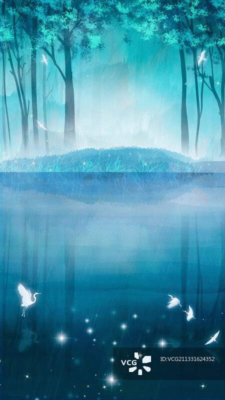 夏天小森林里湖泊中，白鹤在嬉戏飞翔插画背景海报图片素材