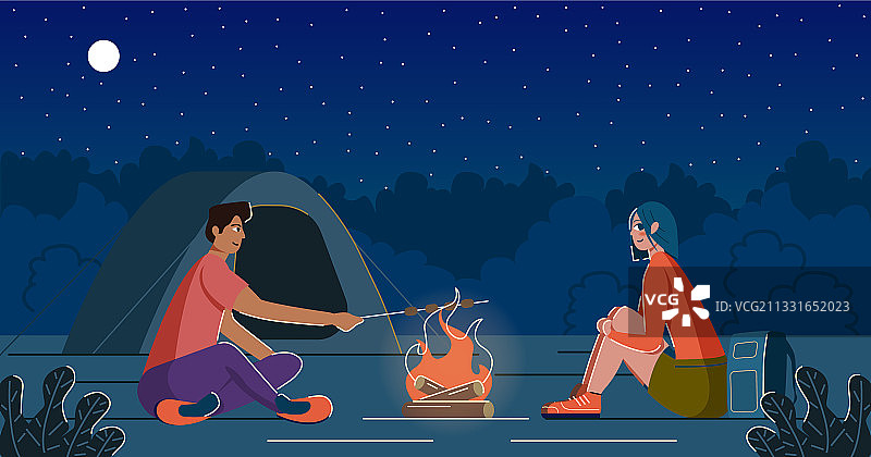 男人和女人在营地里，有篝火图片素材