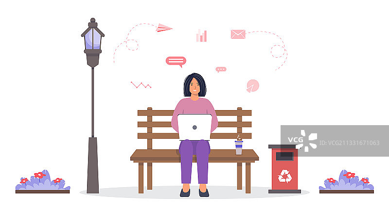 年轻女人坐长凳使用笔记本电脑图片素材