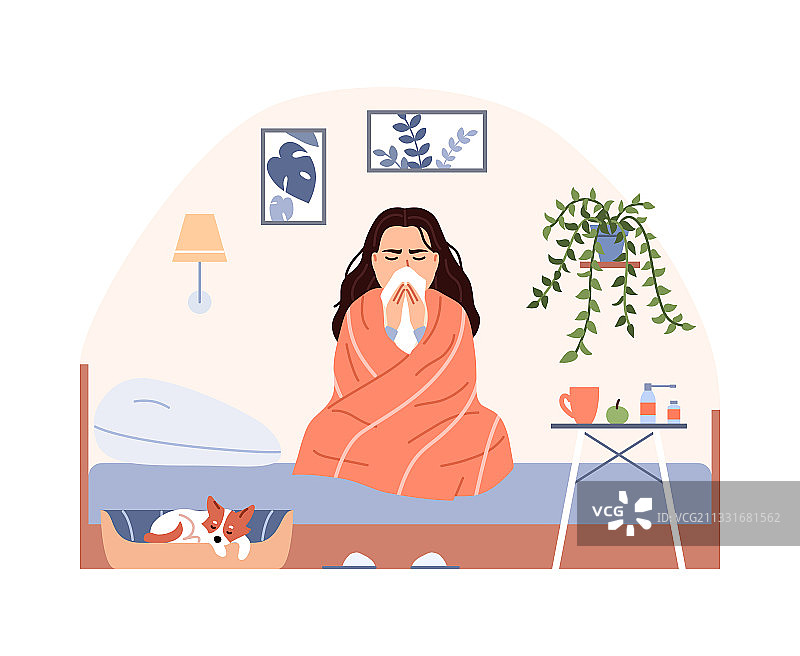 生病女人床上盖毯子打喷嚏图片素材