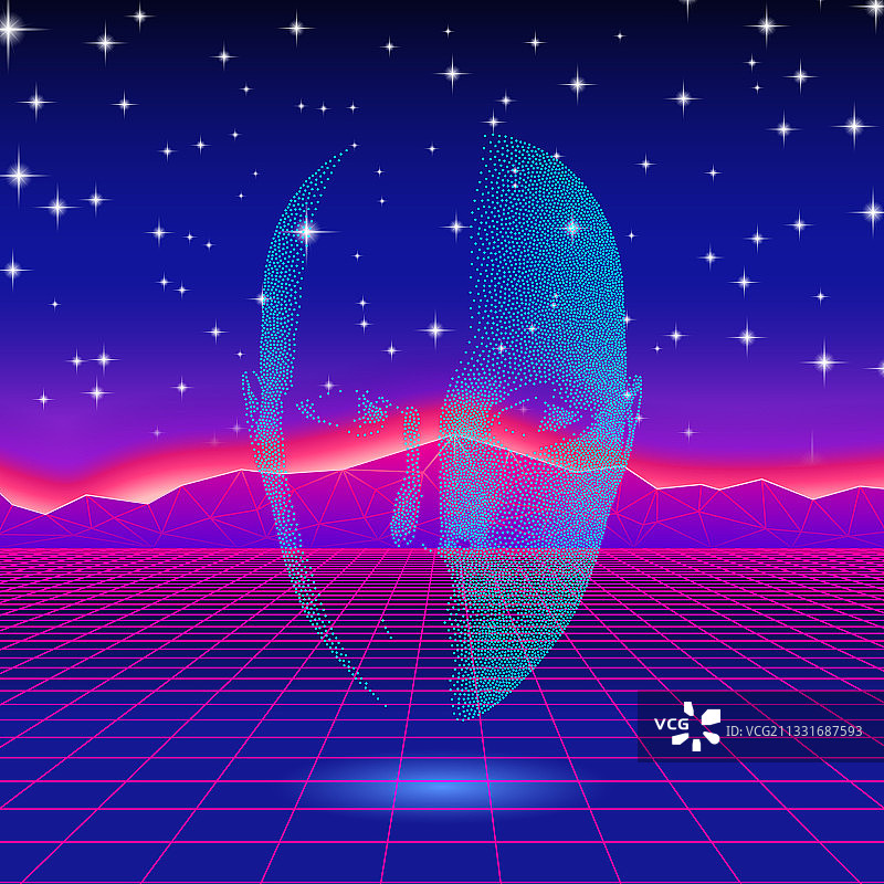 霓虹灯上的复古波浪光头剪影图片素材