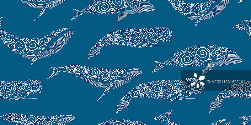 带有民族装饰的野生鲸鱼无缝图案图片素材