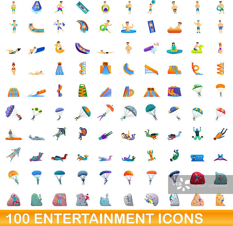 100个卡通风格的娱乐图标集图片素材