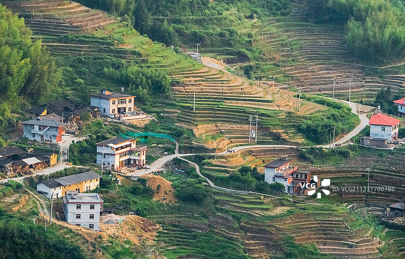 梯田象画家笔下弯曲的平行线和夕阳、几座房子构成油画般的乡村图片素材