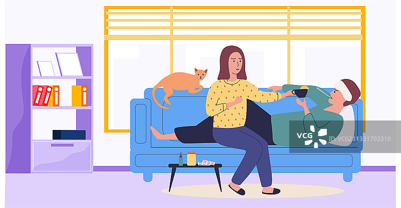 女人给生病的男人送柠檬茶图片素材