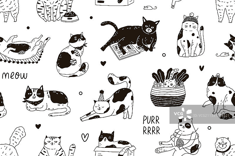喵呜文字和可爱猫咪无缝图案图片素材