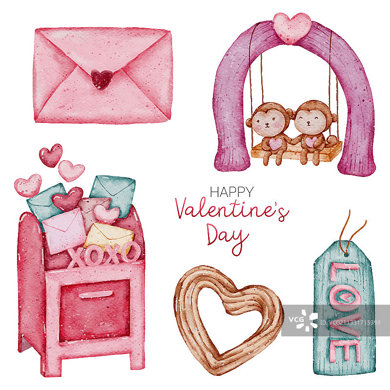 手绘水彩情人节元素图片素材