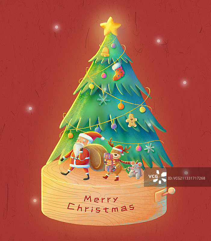 圣诞老人和麋鹿以及小老鼠在圣诞树前派礼物图片素材