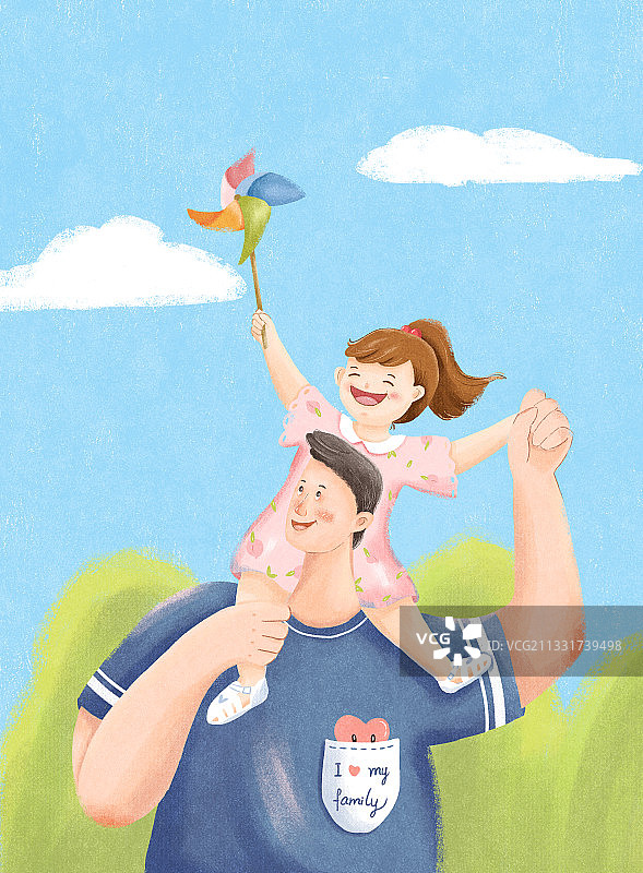 女儿举着风车骑在爸爸肩膀上图片素材