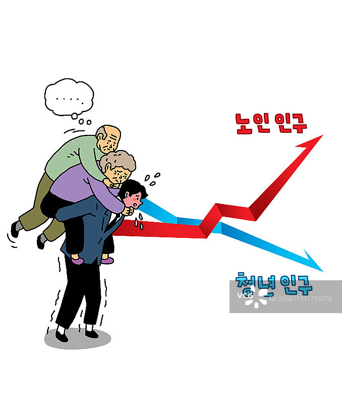 老年问题、人口悬崖和社会问题插画图片素材