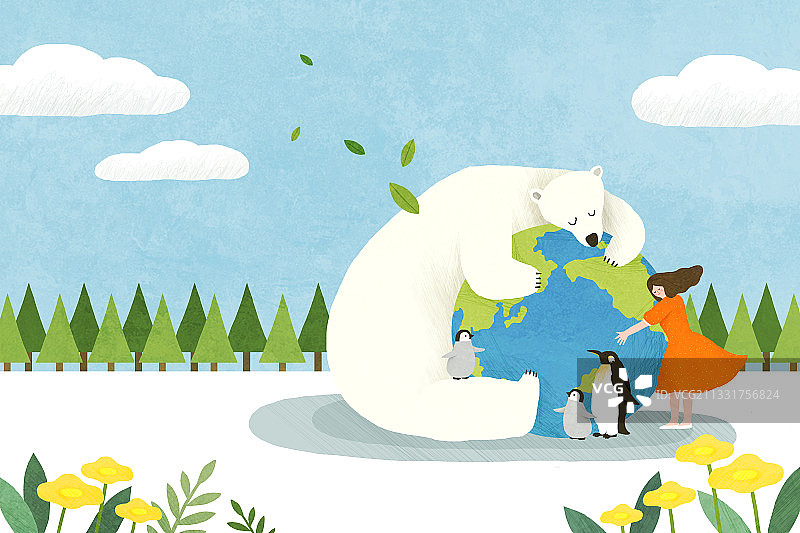 环境、环境保护、濒危物种、灭绝、女孩、人物、北极熊、动物、地球、企鹅、树图片素材