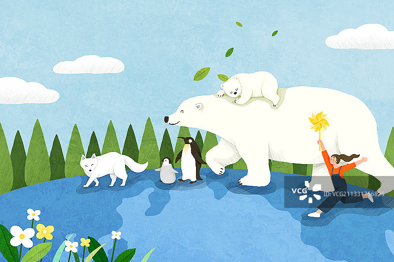 环境、环境保护、濒危物种、灭绝物种、女孩、人物、北极熊、动物、树木、北极狐、企鹅图片素材