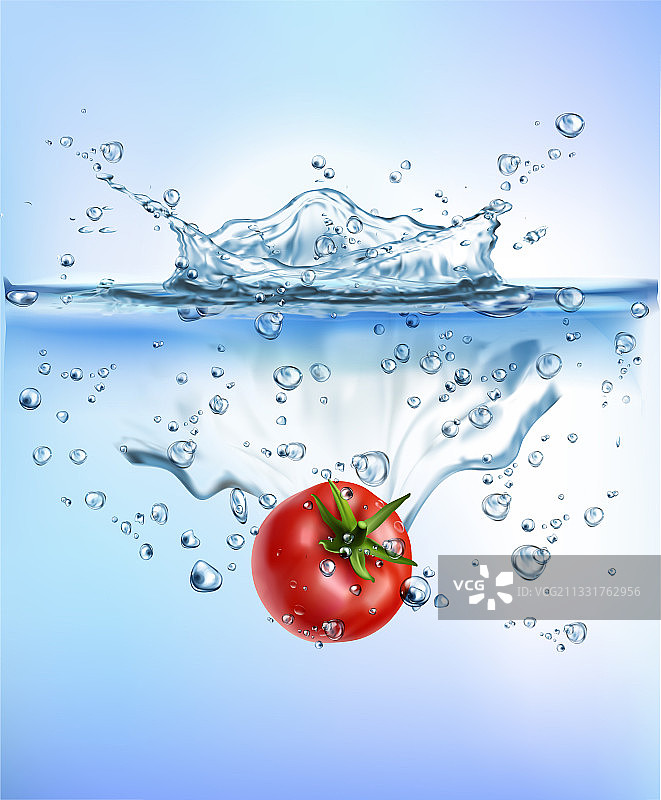 新鲜蔬菜溅入清澈的蓝色水中图片素材