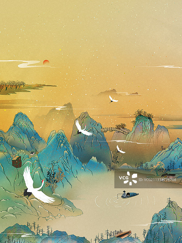 2021盛世美景新春富贵吉祥年画锦秀山河国潮画图片素材