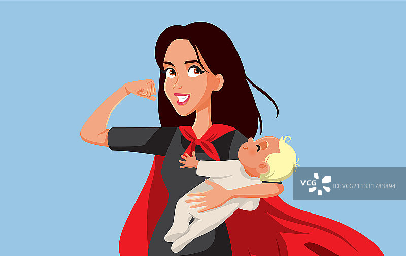 身披斗篷的超级妈妈抱着新生宝宝图片素材