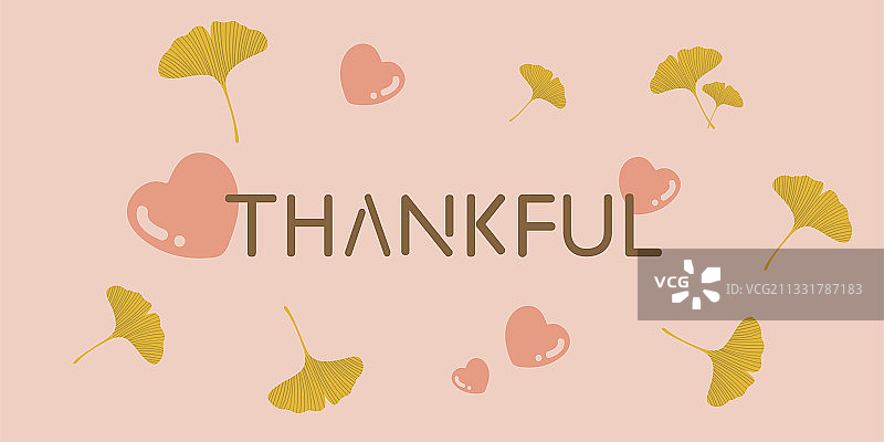 银杏叶与爱心包围的感恩英文图片素材